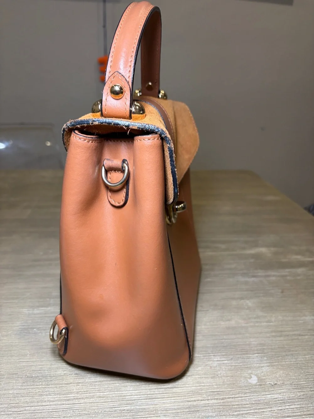 Stylish Tan Leather & Suede Top-Handle Bag
